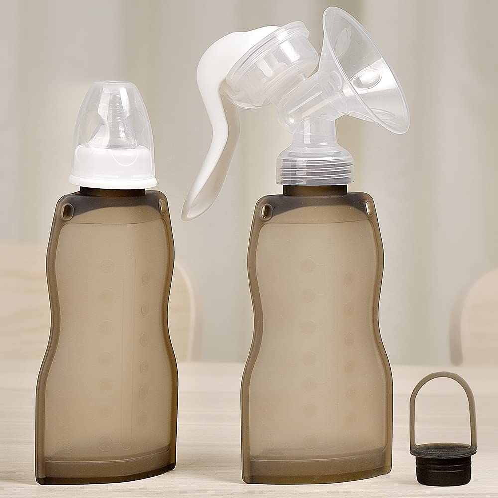 A breast milk storage bag with a manual pump