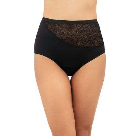 Image of a slim mom wearing the black lace Leakproof underwear by Saalt.