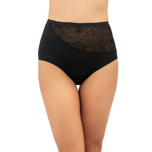 Image of a slim mom wearing the black lace Leakproof underwear by Saalt.