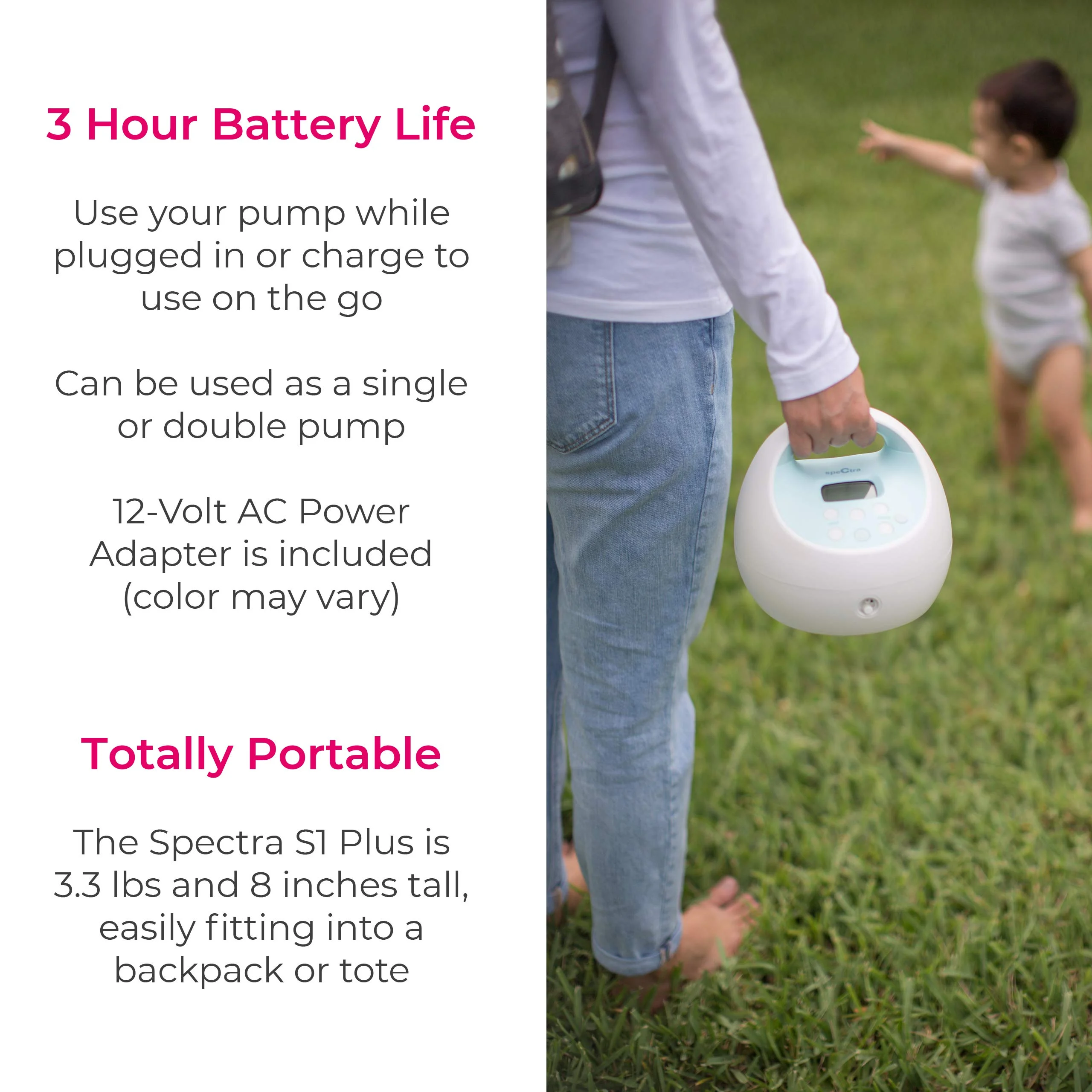 A woman holder her Spectra S1 with info graphic