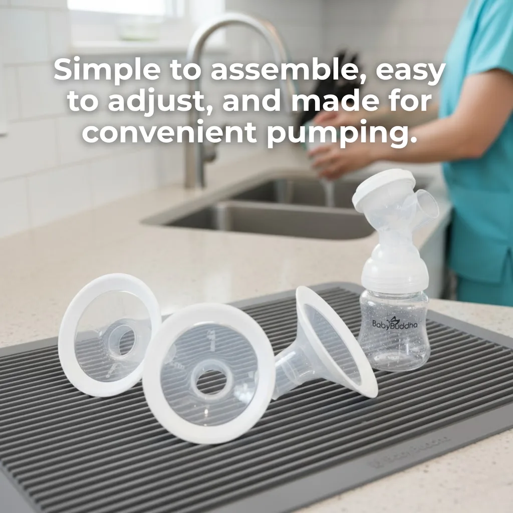 BabyBuddha 3.0 breast pump parts drying by the sink, simple to assemble and clean