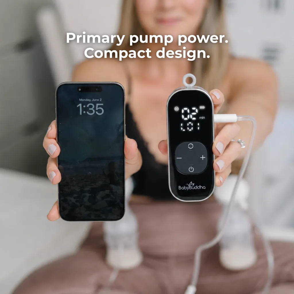 Mom holding the compact BabyBuddha 3.0 rechargeable breast pump motor next to her phone