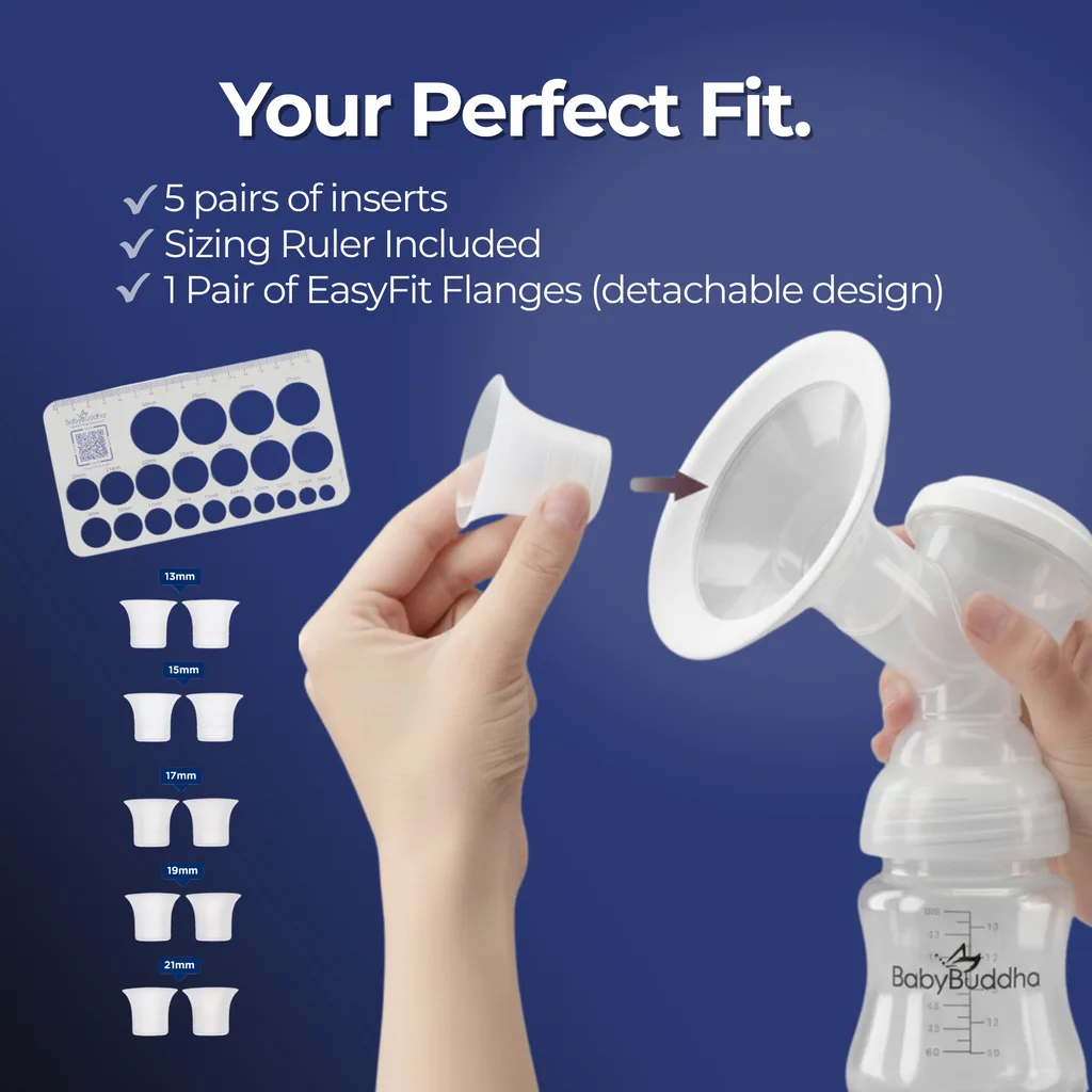 BabyBuddha 3.0 EasyFit flange system with five pairs of inserts and a nipple sizing ruler