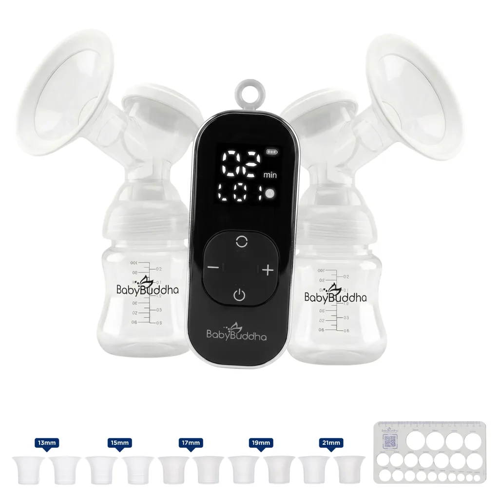 BabyBuddha 3.0 portable breast pump with digital display, two bottles and EasyFit flange inserts