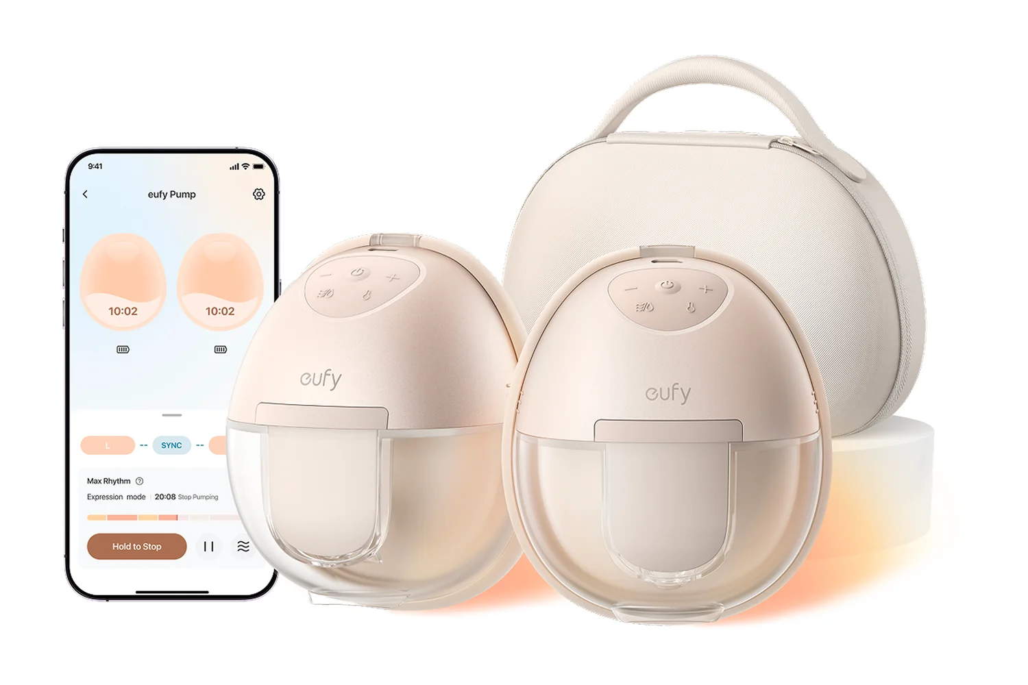eufy S1 Pro wearable breast pump pair with its charging case and the eufy app