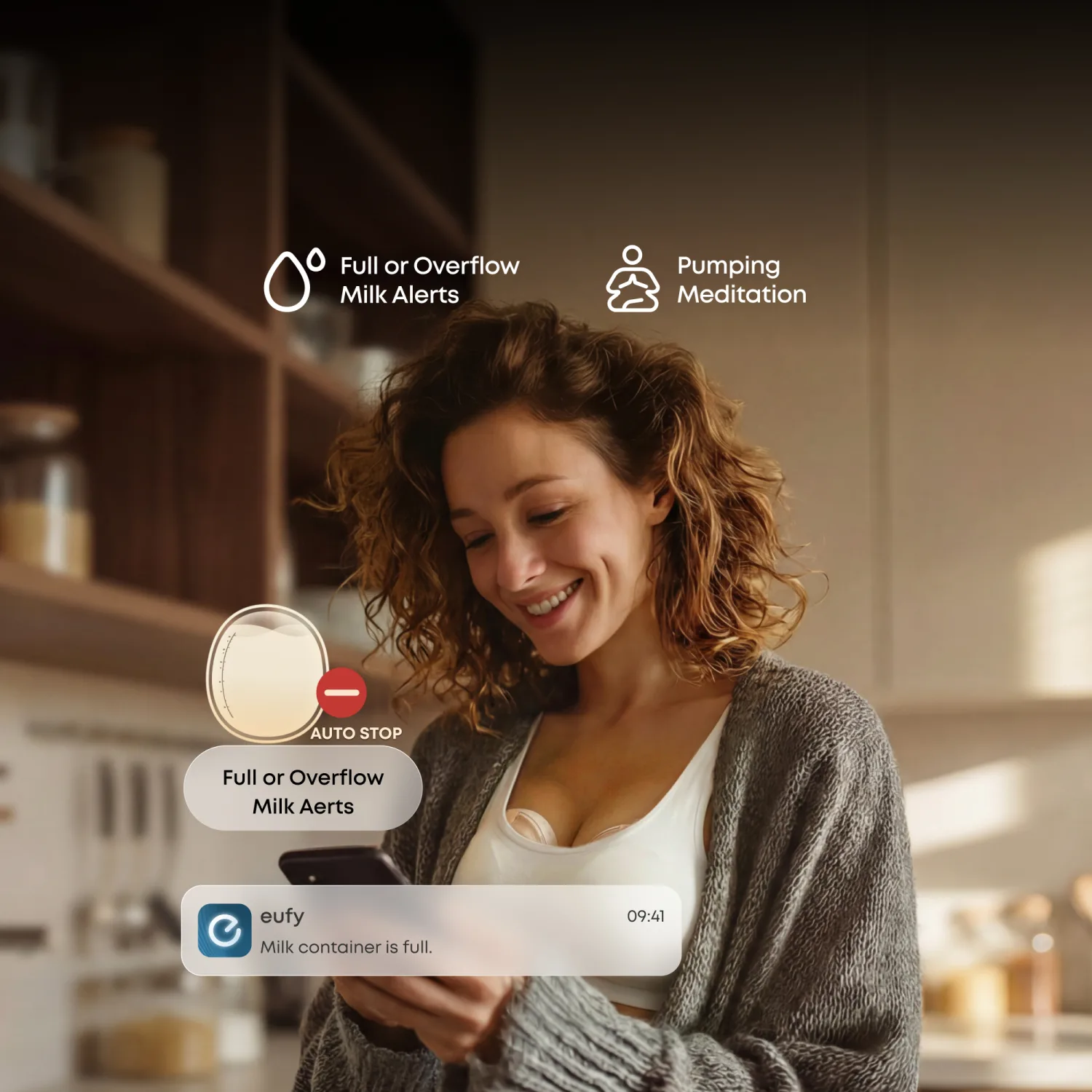 Mom checking a full container alert from the eufy S2 wearable pump on her phone