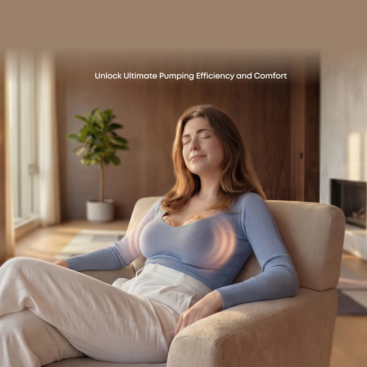 Mom relaxing in an armchair while the eufy S2 wearable breast pump massages and warms inside her top