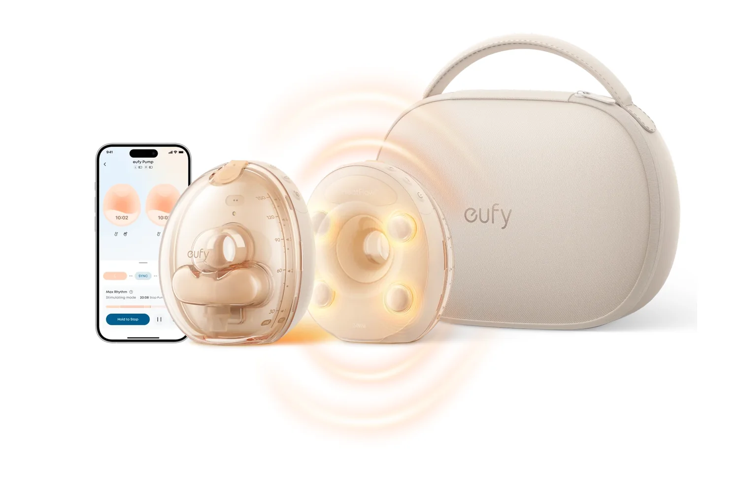 eufy S2 Pro wearable breast pump hubs with HeatFlow warming glow, wireless charging case, and the eufy app on a phone
