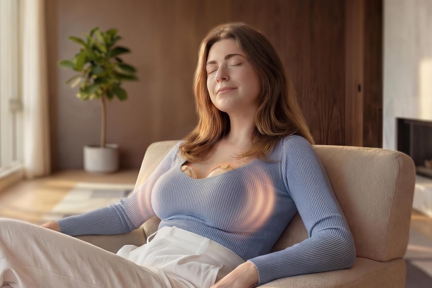 Mom relaxing in an armchair while pumping hands-free with the eufy S2 Pro heated wearable breast pump