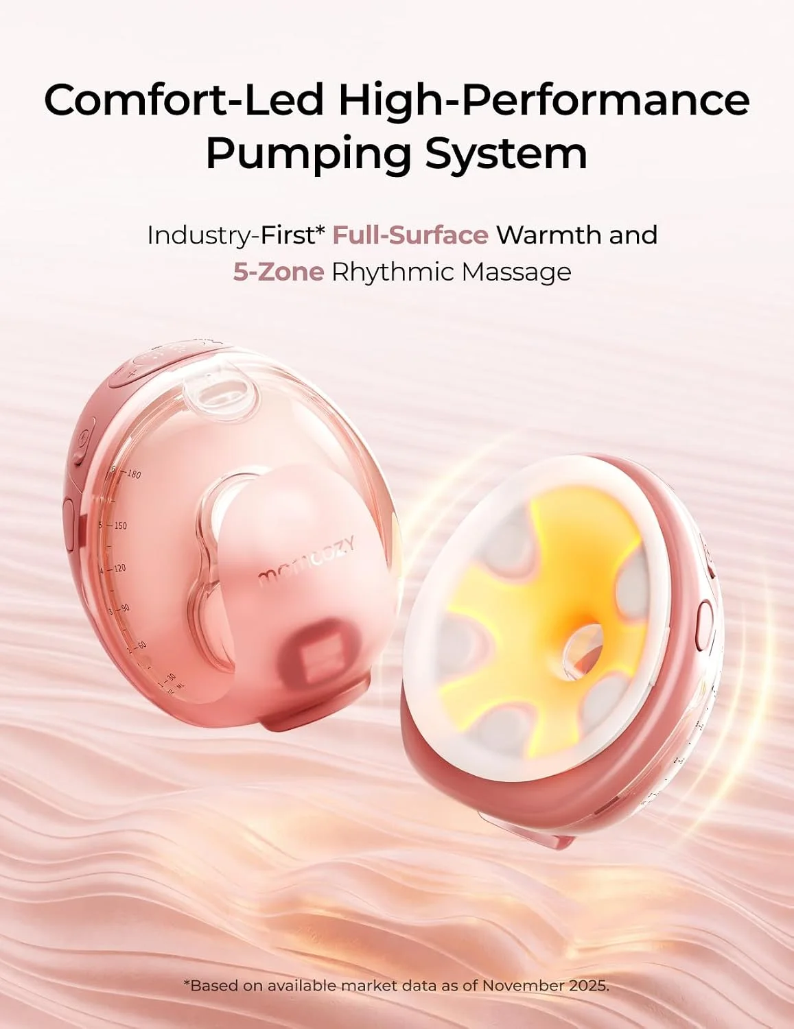 Momcozy W1 wearable breast pump with full-surface warmth and 5-zone rhythmic massage