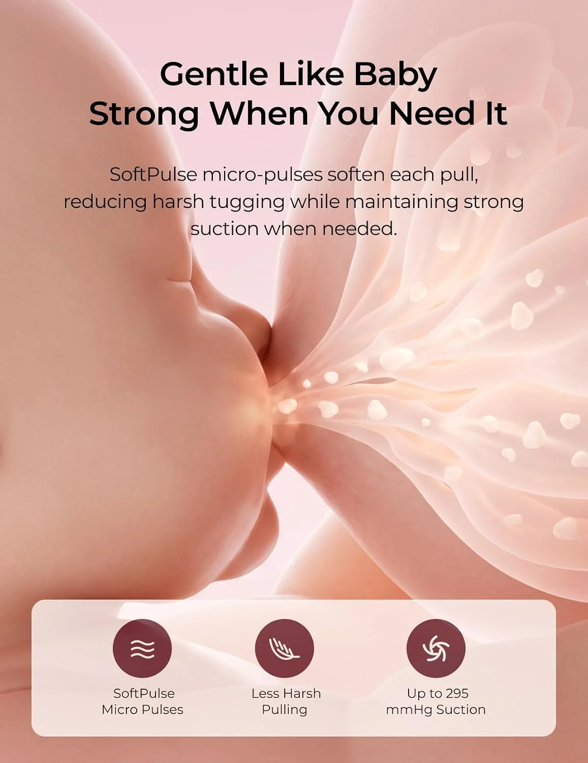 Momcozy W1 SoftPulse micro-pulse suction that mimics a baby's sucking rhythm, up to 295 mmHg
