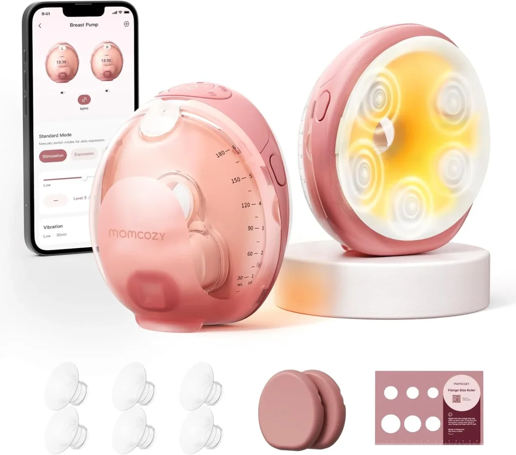 Momcozy W1 Wellness 1 warm-massage wearable breast pump pair with heated flange, app, flange inserts and size ruler