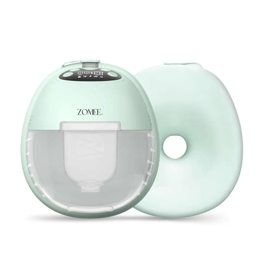Zomee Mother's Nature W1 warming wearable breast pump pair with its warming breast shield